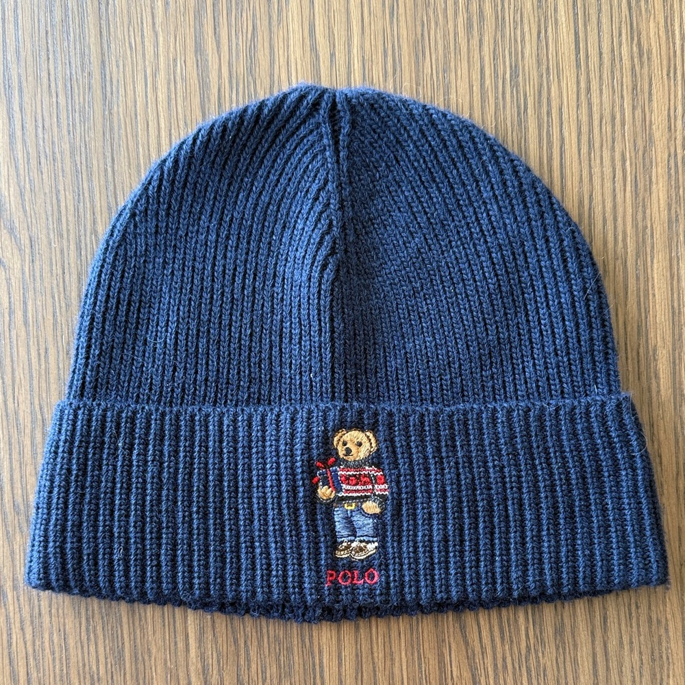 Polo by Ralph Lauren Navy Knit Beanie with Gold Logo